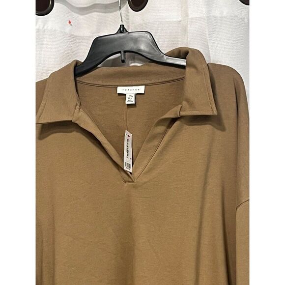 TOPSHOP Women’s Oversize Long Sleeve Cotton Polo in Taupe, Sz. 12 - Picture 3 of 10
